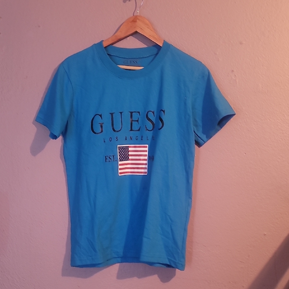 GUESS Teal Graphic Tee with Flag Design